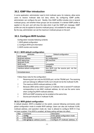 151
30.2. IGMP filter introduction
In some application, administrator need to limit multicast users, for instance, allow some
users to receive multicast data but deny others. By configuring IGMP profile,
administrator can configure the port flexibly. One IGMP proffile includes one or several
multicast group, and whether these groups can be accessed. If a denied IGMP profile is
applied on the port, port will drop the data when it get the IGMP join message. IGMP
profile can only be applied to dynamic multicast group, not available for static group.
By the way, administrator can set the maximum multicast groups on the port.
30.3. Configure MVR function
Configuration includes following contents:
1, MVR global configuration
2, Configure MVR port information
3, MVR monitor and monitor
30.3.1. MVR default configuration
attributes Default configuration
MVR enable disabled
Multicast address No configuration
MVR aging time 600 seconds
Multicast VLAN 1
MVR mode compatible
Interface MVR enable disabled
Interface default configuration Non MVR (not the source port, not the
receiving port)
Immediate-leave disabled
Follow these rules for the configuration:
1 Receiving port can only be ACCESS port, not the TRUNK port. The receiving
port can belongs to different VLAN, but it should not be the multicast VLAN.
2 The maximum MVR multicast address is 256;
3 Because 2800 series switch support L2 multicast, that is several IP multicast
corresponding to one MAC multicast address, do not use the same name
when configuring MVR multicast address.
4 MVR and IGMP snooping can be enabled at the same time.
5 Source port should be in multicast VLAN.
30.3.2. MVR global configuration
In default situation, MVR is disabled on the switch, execute following commands under
global configuration mode to enable MVR settings. Users can also set multicast VLAN,
multicast address, and operation mode etc. User is allowed to configure MVR if it has
not been enabled, if the MVR is enabled, all these setting will take into effect.
Step Command Description
1 config Enter global configuration mode
2 mvr enable Enable MVR
3 mvr group ip -adress [ count ] Configure IP multicast address, if
 