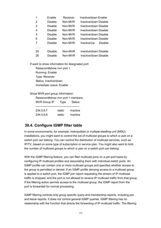 155
1 Enable Receiver Inactive/down Enable
2 Disable Non-MVR Inactive/down Disable
3 Disable Non-MVR Inactive/down Disable
4 Disable Non-MVR Inactive/down Disable
5 Disable Non-MVR Inactive/down Disable
6 Disable Non-MVR Inactive/down Disable
7 Disable Non-MVR Inactive/Up Disable
……
25 Disable Non-MVR Inactive/down Disable
26 Disable Non-MVR Inactive/down Disable
If want to show information for designated port:
Raisecom#show mvr port 1
Running: Enable
Type: Receiver
Status: Inactive/down
Immediate Leave: Enable
Show MVR port group information:
Raisecom#show mvr port 1 members
MVR Group IP Type Status
----------------------------------------------
234.5.6.7 static Inactive
234.5.6.8 static Inactive
30.4. Configure IGMP filter table
In some environments, for example, metropolitan or multiple-dwelling unit (MDU)
installations, you might want to control the set of multicast groups to which a user on a
switch port can belong. You can control the distribution of multicast services, such as
IP/TV, based on some type of subscription or service plan. You might also want to limit
the number of multicast groups to which a user on a switch port can belong.
With the IGMP filtering feature, you can filter multicast joins on a per-port basis by
configuring IP multicast profiles and associating them with individual switch ports. An
IGMP profile can contain one or more multicast groups and specifies whether access to
the group is permitted or denied. If an IGMP profile denying access to a multicast group
is applied to a switch port, the IGMP join report requesting the stream of IP multicast
traffic is dropped, and the port is not allowed to receive IP multicast traffic from that group.
If the filtering action permits access to the multicast group, the IGMP report from the
port is forwarded for normal processing.
IGMP filtering controls only group specific query and membership reports, including join
and leave reports. It does not control general IGMP queries. IGMP filtering has no
relationship with the function that directs the forwarding of IP multicast traffic. The filtering
 