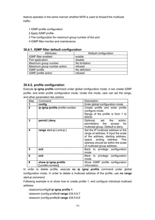156
feature operates in the same manner whether MVR is used to forward the multicast
traffic.
1 IGMP profile configuration
2 Apply IGMP profile
3 The configuration for maximum group number of the port.
4 IGMP filter monitor and maintenance
30.4.1. IGMP filter default configuration
Attributes Default configuration
IGMP filter enabled enable
Port application disable
Maximum group number No limitation
Maximum group number action refused
IGMP profile No definition
IGMP profile action refused
30.4.2. profile configuration
Execute ip igmp profile command under global configuration mode, it can create IGMP
profile, and enter profile configuration mode. Under this mode, user can set the range,
and other parameters like actions.
Step Command Description
1 config Enter global configuration mode
2 ip igmp profile profile-number Create profile and enter profile
configure mode.
Range of the profile is from 1 to
65535.
3 permit | deny Optional, set the action,
permit|deny the access for
multicast group. Default is deny.
4 range start-ip [ end-ip ] Set the IP multicast address or the
range of address. If input the scale
of the address, starting address,
space, ending address. This
address should be within the scale
of multicast group address.
5 exit Back to privilege configuration
mode
6 exit Back to privilege configuration
mode
8 show ip igmp profile
[ profile-number]
Show IGMP profile configuration
information.
In order to delete profile, execute no ip igmp profile command under global
configuration mode. In order to delete a multicast address of the profile, use no range
start-ip command.
Following example is to show how to create profile 1, and configure individual multicast
address:
raisecom(config)# ip igmp profile 1
raisecom (config-profile)# range 234.5.6.7
raisecom (config-profile)# range 234.5.6.9
 