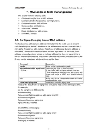 Raisecom Technology Co., Ltd
19
7. MAC address table manangement
This chapter includes following parts.
— Configure the aging time of MAC address.
— Enable/disable the MAC address learning function.
— Configure the static MAC address.
— Configure static MAC address.
— Search MAC address.
— Delete MAC address table entries.
— Show MAC address.
7.1. Configure the aging time of MAC address
The MAC address table contains address information that the switch uses to forward
traffic between ports. All MAC addresses in the address table are associated with one or
more ports. The address table includes these types of addresses: Dynamic address: a
source MAC address that the switch learns and then ages when it is not in use; Static
address: a manually entered unicast or multicast address that does not age and that is
not lost when the switch resets. The address table lists the address, the associated VLAN
ID, port number associated with the address and the flags.
Command Description
config Enter global configuration mode.
mac-address-table aging-time
{ 0 | time }
Set the aging time for MAC address.
0 stands for MAC address aging is disabled
Time is the target MAC address aging time, unit
is second, range is 3-765, and default value is
300.
exit Exist from global configuration mode and enter
privileged user exec.
show mac aging-time Show MAC address aging time.
Recover the default value of aging time, and use no mac-address-table aging-time.
For example:
set the aging time to 500 seconds.
Raisecom#config
Raisecom(config)#mac-address-table aging-time 500
Raisecom(config)#exit
Raisecom#show mac aging-time
Aging time: 500 seconds.
Disable MAC address aging
Raisecom#config
Raisecom(config)#mac-address-table aging-time 0
Raisecom(config)#exit
Raisecom#show mac aging-time
Auto-aging is disable!
 