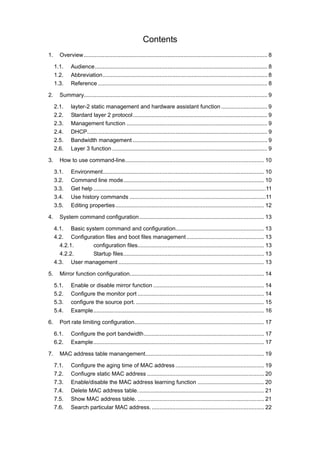 Contents
1. Overview.................................................................................................................... 8
1.1. Audience............................................................................................................. 8
1.2. Abbreviation........................................................................................................ 8
1.3. Reference ........................................................................................................... 8
2. Summary.................................................................................................................... 9
2.1. layter-2 static management and hardware assistant function ............................. 9
2.2. Stardard layer 2 protocol..................................................................................... 9
2.3. Management function ......................................................................................... 9
2.4. DHCP.................................................................................................................. 9
2.5. Bandwidth management ..................................................................................... 9
2.6. Layer 3 function .................................................................................................. 9
3. How to use command-line........................................................................................ 10
3.1. Environment...................................................................................................... 10
3.2. Command line mode......................................................................................... 10
3.3. Get help .............................................................................................................11
3.4. Use history commands ......................................................................................11
3.5. Editing properties.............................................................................................. 12
4. System command configuration............................................................................... 13
4.1. Basic system command and configuration........................................................ 13
4.2. Configuration files and boot files management................................................. 13
4.2.1. configuration files................................................................................ 13
4.2.2. Startup files......................................................................................... 13
4.3. User management ............................................................................................ 13
5. Mirror function configuration..................................................................................... 14
5.1. Enable or disable mirror function ...................................................................... 14
5.2. Configure the monitor port ................................................................................ 14
5.3. configure the source port. ................................................................................. 15
5.4. Example............................................................................................................ 16
6. Port rate limiting configuration.................................................................................. 17
6.1. Configure the port bandwidth............................................................................ 17
6.2. Example............................................................................................................ 17
7. MAC address table manangement........................................................................... 19
7.1. Configure the aging time of MAC address ........................................................ 19
7.2. Confiugre static MAC address .......................................................................... 20
7.3. Enable/disable the MAC address learning function .......................................... 20
7.4. Delete MAC address table................................................................................ 21
7.5. Show MAC address table. ................................................................................ 21
7.6. Search particular MAC address. ....................................................................... 22
 