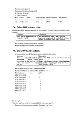 21
Raisecom(config)#exit
Raisecom#show interface port 10
R: Receive Direction
S: Send Direction
Port Admin Operate Speed/Duplex Flowcontrol(R/S) Mac-learning
------------------------------------------------------------------------
10 enable down auto off/off disable
7.4. Delete MAC address table.
Clear layer-2 MAC address table entries of the switch, includes static and dynamicl MAC
address.
Command Description
clear mac-address-table {all |
dynamic | static}
all: delete all the layer 2 MAC address.
dynamic: only delete dynamic MAC address
static: only delete static MAC address.
For example:Delete dynamic MAC address.
Raisecom#clear mac-address-table dynamic
7.5. Show MAC address table.
show,check the layer 2 MAC address information for the switch.
Command Description
show mac-address-table
l2-address [ {count [{port
port-number | vlan vlan_id} ] |
port port-number | vlan
vlan_id}]
Show the MAC address information for the
switch.
Count calculate the number of MAC address
port_number physical port, range is 1-26.
vlan_id rane is 1-4094.
For example:show the MAC address on port 1.
Raisecom#show mac-address-table l2-address port 1
MAC address port VLAN
0001.0297.60F5 1 1
0001.0340.6A0B 1 1
0001.0340.6B23 1 1
0002.1EE6.5157 1 1
0002.1EE6.5643 1 1
0002.1EE6.5820 1 1
0002.1EF2.200F 1 1
0002.1EF7.6271 1 1
.
.
………………………………………………
For example:
Show the total number of all the studied MAC address on port 1.
Raisecom#show mac-address-table l2-address count port 1
 