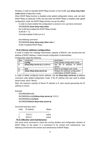 44
Similarly, in order to reenalbe DHCP Relay function on the VLAN, type dhcp-relay listen
under global configuration mode.
When DHCP Relay function is disabled under global configuration status, user can start
DHCP Relay on particular VLAN, but only when the DHCP Relay is enabled under global
configuration mode, the DHCP Relay function can go into effect.
In order to check whether the configuration is correct or not, use show command:
ISCOM2826# show dhcp-relay listen
the VLAN that enabled the DHCP Relay include:
VLAN ID = 1,2
The total enabled VLAN num is 2
Use following command:
ISCOM2826# show dhcp-relay listen vlan 3
VLAN 3 disabled DHCP Relay
15.4.2.Server address configuration
In order to realize the message transmission capacity of RELAY, user should know the
address of DHCP address, it need manual configuration of administrator.
Configuration steps like following:
Step command description
1 config Enter global configuration mode
2 dhcp-relay server-ip ip-address Set the IP address of DHCP
server
3 exit Back to privileged user mode
4 show dhcp-relay server-ip Display the address configuration
information of DHCP server
In order to delete configured server address, use no dhcp-relay server-ip ip-address
command under global configuration mode. If the IP address that user want to delete
doesn’t exist, return “failure”.
Note: the maximum quantity of Server IP address is 8. User should guanrantee the IP
address is corrent.
Example
ISCOM2826#config
ISCOM2826(config)#dhcp-relay server-ip 10.0.0.1
ISCOM2826(config)#exit
ISCOM2826#show dhcp-relay server-ip
Command execution echo:
index IP address Status
-----------------------------------------------------
1 10.0.0.1 active
2 20.0.0.1 active
15.4.3.Monitor and maintenance
Use some show command to check the running situation and configuration situation of
DHCP Relay on the switch. It is convenient to for monitor and maintenance. Use
following command for the monitor and maintenance of DHCP Relay:
 