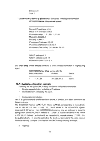 51
Unknows: 0
Total: 0
Use show dhcp-server ip-pool to show configured address pool information
ISCOM2826#show dhcp-server ip-pool
------------------------------------------
Name of IP pool table: dhcp
Status of IP pool table: active
IP address range: 11.1.1.33 - 11.1.1.44
Mask: 255.255.255.0
Including VLANs: 1
IP address of gateway: 0.0.0.0
IP address of DNS server: 0.0.0.0
IP address of secondary DNS server: 0.0.0.0
------------------------------------------
Valid IP pool count: 1
Valid IP address count: 12
Alloted IP address count: 0 1
Use show dhcp-server relay-ip command to show address information of neighbouring
agent.
ISCOM2826#show dhcp-server relay-ip
Index IP Address IP Mask Status
------------------------------------------------------------------------
1 11.1.1.34 255.255.255.0 active
15.7.1.typical configuration example
Following are the typical DHCP Relay and Server configuration examples:
y Directly connected client end obtains IP address.
y Client obtains IP address by the agent.
1) Configuration introduction
This is a typical example for the realization of DHCP protocol. See detail connection as
following picture.
The ISCOM2826 has two VLAN, VLAN 10 and VLAN 20, corresponding to two subnets:
one is 192.168.1.10 and 172.168.1.10. DHCP server is the ISCOM2826 system
integrated DHCP server ( here ISCOM2826 is the server only, we just want to show the
configuration procedure), the IP address is 172.168.1.2, suppose the DNS of the subnet
is 172.168.1.3. Subnet 1 and subnet 2 are connected by network gateway 172.168.1.1 to
the public network. In order to realize that the client end connects to the public network
resource normally, configure DHCP server and DHCP Relay correctly is enough.
2) Topology
 