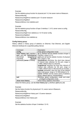 63
Example:
Set the statistics group function for physical port 1-5, the owner name is Raisecom.
Raisecom#config
Raisecom(config)#rmon statistics port 1-5 owner raisecom
Raisecom(config)#exit
Raisecom#show rmon statistics port
Example:
Set the statistics group function of layer 3 interface 1, 5-10, owner name is config.
Raisecom#config
Raisecom(config)# rmon statistics ip 1,5-10 owner config
Raisecom(config)#exit
Raisecom#show rmon statistics ip
Config history group:
History collects a history group of statistics on Ethernet, Fast Ethernet, and Gigabit
Ethernet interfaces for a specified polling interval.
Command Description
config Enter global configuration mode
rmon history {ipl3_interface |
port port_list} [shortinterval
short-time] [longinterval
long-time] [buckets
queuesize] [owner STRING]
ip l3_interface Set the statistic function of layer 3
interface, range is 0-14;
port port_list set the statistic function of physical
port, range is 1-26;
shortinterval short-time: the short time interval
of historal data collection for the port, range is
1-3600, default value is 2 seconds.
longinterval long-time the long time interval of
historal data collection for the port, range is
1-3600, default value is 300 seconds (5 minutes);
buckets queuesize: save the size of the historal
data circle queue, range is 10-1000,default is 10.
owner STRING: set the owner name of statistics
group, default value is “monitorHistory”.
exit Withdraw global configuration mode and enter
privileged configuration mode.
show rmon history Show history statistics information
Close the history group, use no rmon history {ip l3_interface | port port_list}
Example:
Set the history function for physical port 1-5, owner name is Raisecom.
Raisecom#config
Raisecom(config)#rmon history port 1-5 owner raisecom
Raisecom(config)#exit
Raisecom#show rmon history port
Example:
Set the statistics function of layer 3 interface 1,5-10.
 