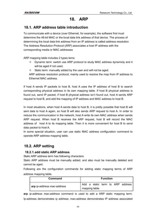 Raisecom Technology Co., Ltd
66
18. ARP
18.1. ARP address table introduction
To communicate with a device (over Ethernet, for example), the software first must
determine the 48-bit MAC or the local data link address of that device. The process of
determining the local data link address from an IP address is called address resolution.
The Address Resolution Protocol (ARP) associates a host IP address with the
corresponding media or MAC addresses
ARP mapping table includes 2 types tems:
— Dynamic term: switch use ARP protocol to study MAC address dynamicly and it
will be aged if not used.
— Static term: manually added by the user and will not be aged.
ARP address resolution protocol, mainly used to resolve the map from IP address to
Ethernet MAC address.
If host A sends IP packets to host B, host A uses the IP address of host B to search
corresponding physical address in its own mapping table. If host B physical address is
found out, send IP packet; if host B physical address isn’t found out, host A sends ARP
request to host B, and add the mapping of IP address and MAC address to host B.
In most situations, when host A sends data to host B, it is pretty possible that host B will
sent data to host A again, so host B will also sends ARP request to host A. In order to
reduce the communication in the network, host A write its own MAC address when sends
ARP request. When host B receives the ARP request, host B will record the MAC
address of host A to its mapping table. Then it is more convenient for host B to send
data packet to host A.
In some special situation, user can use static MAC address configuration command to
operate ARP address mapping table.
18.2. ARP setting
18.2.1.add static ARP address
Static ARP address term has following characters:
Static ARP address must be manually added, and also must be manually deleted and
cannot be aged.
Following are the configuration commands for adding static mapping terms of ARP
address mapping table.
Command Function
arp ip-address mac-address
Add a static term to ARP address
mapping table.
arp ip-address mac-address command is used to add a ARP static mapping term.
Ip-address demonstrates ip address; mac-address demonstrates IP address associated
 