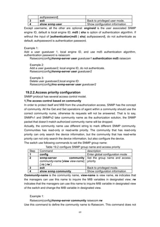 69
authpassword]
3 exit Back to privileged user mode.
4 show snmp user Show configuration information
Except username, all the other are optional: engineid is the user associated SNMP
engine ID, default is local engine ID; md5 | sha is option of authentication algorithm. If
without the input of [authentication{md5 | sha} authpassword], do not authenticate as
default; authpassword is authentication password.
Example 1:
Add a user guestuser 1, local engine ID, and use md5 authentication algorithm,
euthentication password is raisecom:
Raisecom(config)#snmp-server user guestuser1 authentication md5 raisecom
Example 2:
Add a user guestuser2, local engine ID, do not authenticate.
Raisecom(config)#snmp-server user guestuser2
Example 3:
Delete user guestuser2,local engine ID:
Raisecom(config)#no snmp-server user guestuser2
19.2.2.Access priority configuration
SNMP protocol has several access control model.
1,The access control based on community
In order to protect itself and MIB from the unauthorization access, SNMP has the concept
of community. All the Get and Set operations of agent within a community should use the
correct community nume, otherwise its requests will not be answered. That is to say,
SNMPv1 and SNMPv2 take community name as the authorization solution, the SNMP
packet that doesn’t match authorized community name will be dropped.
Actually, the community name use different string to mark different SNMP community.
Communities has read-only or read-write priority. The community that has read-only
priority can only search the device information, but the community that has read-write
priority can not only search the device information, but also configure the device.
The switch use following commands to set the SNMP group name:
Table 19.2 configure SNMP group name and access priority
Step Command description
1 config Enter global configuration mode
2 snmp-server community
community-name [view view-name]
{ ro | rw }
Set the group name and access
priority
3 exit Back to privileged mode.
4 show snmp community Show configuration information
Community-name is the community name, view-name is view name, ro indicates that
the managers can use this name to inquire the MIB variables in designated view; rw
indicates that the managers can use this name to inquire MIB variable in designated view
of the switch and change the MIB variable in designated view.
Example 1:
Raisecom(config)#snmp-server community raisecom rw
Use this command to define the community name to Raisecom. This command does not
 