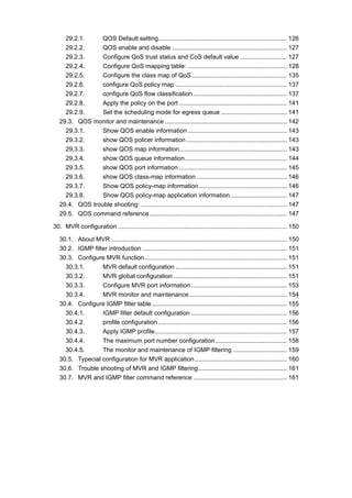 29.2.1. QOS Default setting.......................................................................... 126
29.2.2. QOS enable and disable .................................................................. 127
29.2.3. Configure QoS trust status and CoS default value ........................... 127
29.2.4. Configure QoS mapping table: ......................................................... 128
29.2.5. Configure the class map of QoS....................................................... 135
29.2.6. configure QoS policy map ................................................................ 137
29.2.7. configure QoS flow classification...................................................... 137
29.2.8. Apply the policy on the port .............................................................. 141
29.2.9. Set the scheduling mode for egress queue ...................................... 141
29.3. QOS monitor and maintenance ...................................................................... 142
29.3.1. Show QOS enable information ......................................................... 143
29.3.2. show QOS policer information.......................................................... 143
29.3.3. show QOS map information.............................................................. 143
29.3.4. show QOS queue information........................................................... 144
29.3.5. show QOS port information .............................................................. 145
29.3.6. show QOS class-map information .................................................... 146
29.3.7. Show QOS policy-map information................................................... 146
29.3.8. Show QOS policy-map application information................................. 147
29.4. QOS trouble shooting: .................................................................................... 147
29.5. QOS command reference............................................................................... 147
30. MVR configuration ................................................................................................. 150
30.1. About MVR ..................................................................................................... 150
30.2. IGMP filter introduction ................................................................................... 151
30.3. Configure MVR function.................................................................................. 151
30.3.1. MVR default configuration ................................................................ 151
30.3.2. MVR global configuration ................................................................. 151
30.3.3. Configure MVR port information ....................................................... 153
30.3.4. MVR monitor and maintenance ........................................................ 154
30.4. Configure IGMP filter table.............................................................................. 155
30.4.1. IGMP filter default configuration ....................................................... 156
30.4.2. profile configuration .......................................................................... 156
30.4.3. Apply IGMP profile............................................................................ 157
30.4.4. The maximum port number configuration ......................................... 158
30.4.5. The monitor and maintenance of IGMP filtering ............................... 159
30.5. Typecial configuration for MVR application..................................................... 160
30.6. Trouble shooting of MVR and IGMP filtering................................................... 161
30.7. MVR and IGMP filter command reference ...................................................... 161
 