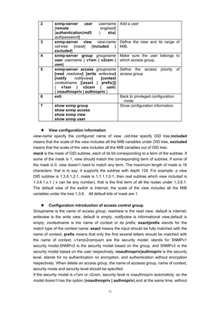 71
2 snmp-server user username
[remote engineid]
[authentication{md5 | sha}
authpassword]
Add a user
3 snmp-server view view-name
oid-tree [mask] {included |
excluded}
Define the view and its range of
MIB.
4 snmp-server group groupname
user username { v1sm | v2csm |
usm}
Make sure the user belongs to
which access group.
5 snmp-server access groupname
[read readview] [write writeview]
[notify notifyview] [context
contextname [{exact | prefix}]]
{ v1sm | v2csm | usm}
{ noauthnopriv | authnopriv }
Define the access priority of
access group
6 exit Back to privileged configuration
mode
7 show snmp group
show snmp access
show snmp view
show snmp user
Show configuration information
z View configuration information
view-name specify the configured name of view ,oid-tree specify OID tree,included
means that the scale of the view includes all the MIB variables under OID tree, excluded
means that the scale of the view includes all the MIB variables out of OID tree.
mack is the mask of OID subtree, each of its bit corresponding to a term of the subtree. If
some of the mask is 1, view should match the corresponding term of subtree; if some of
the mask is 0, view doesn’t need to match any term. The maximum length of mask is 16
characters; that is to say, it supports the subtree with depth 128. For example: a view
OID subtree is 1.3.6.1.2.1, mask is 1.1.1.1.0.1, then real subtree which view included is
1.3.6.1.x.1 ( x can be any number), that is the first term of all the nodes under 1.3.6.1.
The default view of the switch is Internet, the scale of the view includes all the MIB
variables under the tree 1.3.6. All default bits of mask are 1.
z Configuration introduction of access control group.
Groupname is the name of access group; readview is the read view, default is internet;
writeview is the write view, default is empty; notifyview is informational view,default is
empty; contextname is the name of context or its prefix; exact|prefix stands for the
match type of the context name: exact means the input should be fully matched with the
name of context, prefix means that only the first several letters should be matched with
the name of context; v1sm|v2csm|usm are the security model, stands for SNMPv1
security model,SNMPv2 is the security model based on the group, and SNMPv3 is the
security model based on the user respectively; noauthnopriv|authnopriv is the security
level, stands for no authentication no encryption, and authentication without encryption
respectively. When delete an access group, the name of accesss group, name of context,
security mode and security level should be specified
If the security model is v1sm or v2csm, security level is noauthnopriv automaticly, so the
model doesn’t has the option {noauthnopriv | authnopriv},and at the same time, without
 