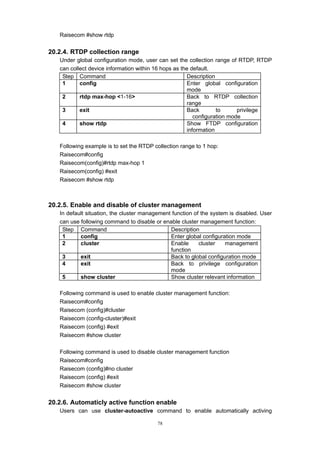 78
Raisecom #show rtdp
20.2.4. RTDP collection range
Under global configuration mode, user can set the collection range of RTDP, RTDP
can collect device information within 16 hops as the default.
Step Command Description
1 config Enter global configuration
mode
2 rtdp max-hop <1-16> Back to RTDP collection
range
3 exit Back to privilege
configuration mode
4 show rtdp Show FTDP configuration
information
Following example is to set the RTDP collection range to 1 hop:
Raisecom#config
Raisecom(config)#rtdp max-hop 1
Raisecom(config) #exit
Raisecom #show rtdp
20.2.5. Enable and disable of cluster management
In default situation, the cluster management function of the system is disabled. User
can use following command to disable or enable cluster management function:
Step Command Description
1 config Enter global configuration mode
2 cluster Enable cluster management
function
3 exit Back to global configuration mode
4 exit Back to privilege configuration
mode
5 show cluster Show cluster relevant information
Following command is used to enable cluster management function:
Raisecom#config
Raisecom (config)#cluster
Raisecom (config-cluster)#exit
Raisecom (config) #exit
Raisecom #show cluster
Following command is used to disable cluster management function
Raisecom#config
Raisecom (config)#no cluster
Raisecom (config) #exit
Raisecom #show cluster
20.2.6. Automaticly active function enable
Users can use cluster-autoactive command to enable automatically activing
 