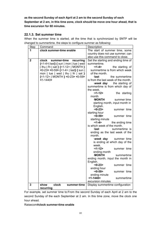 89
as the second Sunday of each April at 2 am to the second Sunday of each
September at 2 am, in this time zone, clock should be move one hour ahead, that is
time excursion for 60 minutes.
22.1.3. Set summer time
When the summer time is started, all the time that is synchronized by SNTP will be
changed to summertime. the steps to configure summer as following:
Step Command Description
1 clock summer-time enable The start of summer time, some
country does not use summer; can
also use this command to close.
2 clock summer-time recurring
{<1-4>| last} { sun | mon | tue | wed
| thu | fri | sat } {<1-12> | MONTH }
<0-23> <0-59> {<1-4> | last} { sun |
mon | tue | wed | thu | fri | sat }
{<1-12> | MONTH } <0-23> <0-59>
<1-1440>
Set the starting and ending time of
summertime.
·<1-4> the starting of
summertime is from which week
of the month.
·last the summertime
is from the last week of the month.
·week day the starting of
summertime is from which day of
the week.
·<1-12> the starting
month
·MONTH summer time
starting month, input month in
English.
·<0-23> summer time
starting hour
·<0-59> summer time
starting minute
·<1-4> the ending time
is which week of the month.
·last summertime is
ending as the last week of the
month.
·week day summer time
is ending at which day of the
week.
·<1-12> summer time
ending month
·MONTH summertime
ending month, input the month in
English.
·<0-23> summer time
ending hour
·<0-59> summer time
ending minute
·<1-1440> summertime
excursion minutes
3 show clock summer-time
recurring
Display summertime configuration
For example, set summer time to:From the second Sunday of each April at 2 am to the
second Sunday of the each September at 2 am. In this time zone, move the clock one
hour ahead.
Raisecom#clock summer-time enable
 