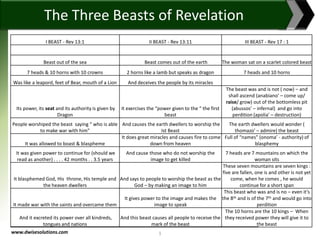 www.dwisesolutions.com 1
I BEAST - Rev 13:1 II BEAST - Rev 13:11 III BEAST - Rev 17 : 1
Beast out of the sea Beast comes out of the earth The woman sat on a scarlet colored beast
7 heads & 10 horns with 10 crowns 2 horns like a lamb but speaks as dragon 7 heads and 10 horns
Was like a leapord, feet of Bear, mouth of a Lion And deceives the people by its miracles
Its power, its seat and its authority is given by
Dragon
It exercises the “power given to the “ the first
beast
The beast was and is not ( now) – and
shall ascend (anabiano’ – come up/
raise/ grow) out of the bottomless pit
(abussos’ – infernal) and go into
perdition (apolia’ – destruction)
People worshiped the beast saying “ who is able
to make war with him”
And causes the earth dwellers to worship the
Ist Beast
The earth dwellers would wonder (
thomazo’ – admire) the beast
It was allowed to boast & blaspheme
It does great miracles and causes fire to come
down from heaven
Full of “names” (onoma’ - authority) of
blasphemy
It was given power to continue for (should we
read as another) . . . . 42 months . . 3.5 years
And cause those who do not worship the
image to get killed
7 heads are 7 mountains on which the
woman sits
It blasphemed God, His throne, His temple and
the heaven dwellers
And says to people to worship the beast as the
God – by making an image to him
These seven mountains are seven kings :
five are fallen, one is and other is not yet
come, when he comes , he would
continue for a short span
It made war with the saints and overcame them
It gives power to the image and makes the
image to speak
This beast who was and is no – even it’s
the 8th and is of the 7th and would go into
perdition
And it excreted its power over all kindreds,
tongues and nations
And this beast causes all people to receive the
mark of the beast
The 10 horns are the 10 kings – When
they received power they will give it to
the beast
The Three Beasts of Revelation
 