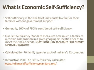 What is Economic Self-Sufficiency?
• Self-Sufficiency is the ability of individuals to care for their
families without government support.
• Generally, 200% of FPG is considered self-sufficiency
• Our Self-Sufficiency Standard measures how much a family of
a certain composition in a given geographic location needs to
meet their basic needs. STAY TUNED IN JANUARY FOR NEWLY
UPDATED DATA!!!!
• Calculated for 70 family types in each of Indiana’s 92 counties.
• Interactive Tool: The Self-Sufficiency Calculator
www.indianaselfsufficiencystandard.org/
 