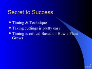 Secret to Success Timing & Technique Taking cuttings is pretty easy Timing is critical Based on How a Plant Grows 