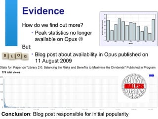 Evidence
         How do we find out more?
             • Peak statistics no longer
               available on Opus 
         But:
             • Blog post about availability in Opus published on
               11 August 2009




Conclusion: Blog post responsible for initial popularity
 7
 