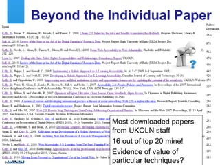 Beyond the Individual Paper




                Most downloaded papers
                from UKOLN staff
                16 out of top 20 mine!
                Evidence of value of
9               particular techniques?
 