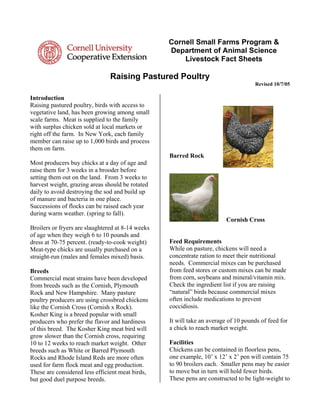 Cornell Small Farms Program &
                                                   Department of Animal Science
                                                       Livestock Fact Sheets

                                Raising Pastured Poultry
                                                                                     Revised 10/7/05

Introduction
Raising pastured poultry, birds with access to
vegetative land, has been growing among small
scale farms. Meat is supplied to the family
with surplus chicken sold at local markets or
right off the farm. In New York, each family
member can raise up to 1,000 birds and process
them on farm.
                                                   Barred Rock
Most producers buy chicks at a day of age and
raise them for 3 weeks in a brooder before
setting them out on the land. From 3 weeks to
harvest weight, grazing areas should be rotated
daily to avoid destroying the sod and build up
of manure and bacteria in one place.
Successions of flocks can be raised each year
during warm weather. (spring to fall).
                                                                          Cornish Cross
Broilers or fryers are slaughtered at 8-14 weeks
of age when they weigh 6 to 10 pounds and
dress at 70-75 percent. (ready-to-cook weight)     Feed Requirements
Meat-type chicks are usually purchased on a        While on pasture, chickens will need a
straight-run (males and females mixed) basis.      concentrate ration to meet their nutritional
                                                   needs. Commercial mixes can be purchased
Breeds                                             from feed stores or custom mixes can be made
Commercial meat strains have been developed        from corn, soybeans and mineral/vitamin mix.
from breeds such as the Cornish, Plymouth          Check the ingredient list if you are raising
Rock and New Hampshire. Many pasture               “natural” birds because commercial mixes
poultry producers are using crossbred chickens     often include medications to prevent
like the Cornish Cross (Cornish x Rock).           coccidiosis.
Kosher King is a breed popular with small
producers who prefer the flavor and hardiness      It will take an average of 10 pounds of feed for
of this breed. The Kosher King meat bird will      a chick to reach market weight.
grow slower than the Cornish cross, requiring
10 to 12 weeks to reach market weight. Other       Facilities
breeds such as White or Barred Plymouth            Chickens can be contained in floorless pens,
Rocks and Rhode Island Reds are more often         one example, 10’ x 12’ x 2’ pen will contain 75
used for farm flock meat and egg production.       to 90 broilers each. Smaller pens may be easier
These are considered less efficient meat birds,    to move but in turn will hold fewer birds.
but good duel purpose breeds.                      These pens are constructed to be light-weight to
 