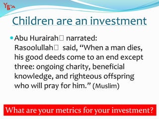 Children are an investment
Abu Hurairah narrated:
Rasoolullah said, “When a man dies,
his good deeds come to an end except
three: ongoing charity, beneficial
knowledge, and righteous offspring
who will pray for him.” (Muslim)
What are your metrics for your investment?
 