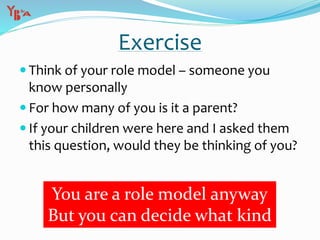 Exercise
 Think of your role model – someone you
know personally
 For how many of you is it a parent?
 If your children were here and I asked them
this question, would they be thinking of you?
You are a role model anyway
But you can decide what kind
 