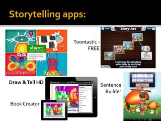 Storytelling apps:
Draw &Tell HD
Toontastic -
FREE
BookCreator
Sentence
Builder
 