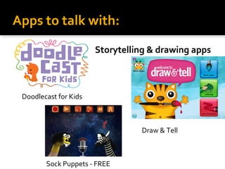 Apps to talk with:
Storytelling & drawing apps

Doodlecast for Kids

Draw & Tell

Sock Puppets - FREE

 