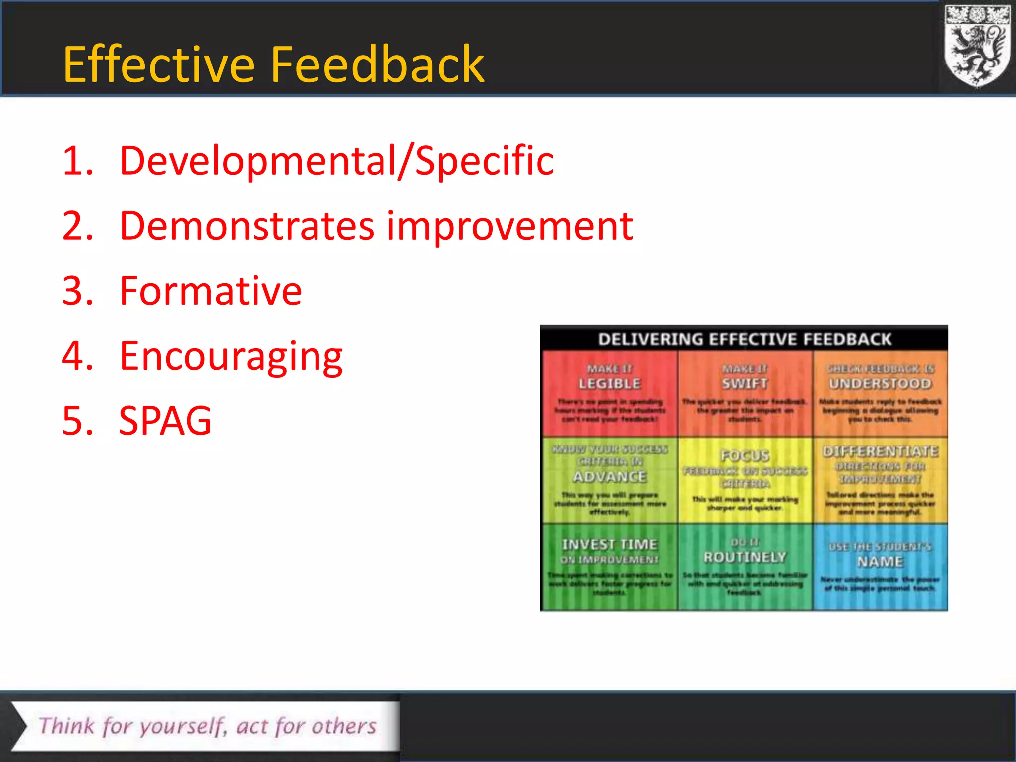 Effective Feedback
1. Developmental/Specific
2. Demonstrates improvement
3. Formative
4. Encouraging
5. SPAG
 