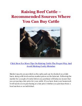 Raising Beef Cattle –
  Recommended Sources Where
       You Can Buy Cattle




Click Here For More Tips On Raising Cattle The Proper Way And
                Avoid Making Costly Mistakes


Market reports are provided on the radio and can be checked on a daily
basis, along with local auction market prices on the Internet. Following the
market for a couple of weeks before you purchase will help you insure that
you are paying a fair price for your cattle. If you have done your homework
it will assist you in purchasing at a fair price whether you purchase from a
local auction or an individual.
 