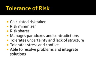 Tolerance of RiskCalculated risk takerRisk minimizerRisk sharerManages paradoxes and contradictionsTolerates uncertainty and lack of structureTolerates stress and conflictAble to resolve problems and integrate solutions