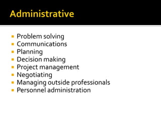 Administrative Problem solvingCommunicationsPlanningDecision makingProject managementNegotiatingManaging outside professionalsPersonnel administration 