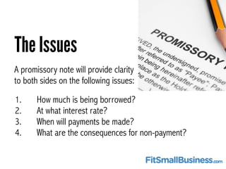 The Issues 
A promissory note will provide clarity 
to both sides on the following issues: 
1. How much is being borrowed?...