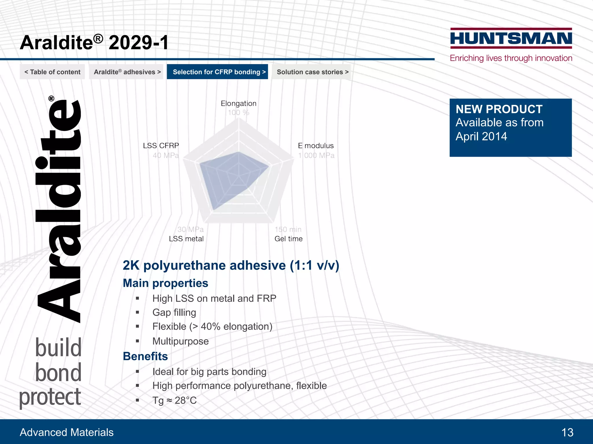 Advanced Materials 13
Araldite® 2029-1
2K polyurethane adhesive (1:1 v/v)
Main properties
!! High LSS on metal and FRP
!! Gap filling
!! Flexible (> 40% elongation)
!! Multipurpose
Benefits
!! Ideal for big parts bonding
!! High performance polyurethane, flexible
!! Tg ! 28°C
< Table of content CFRP bonding >Araldite® adhesives > For railway > For automotive >
 