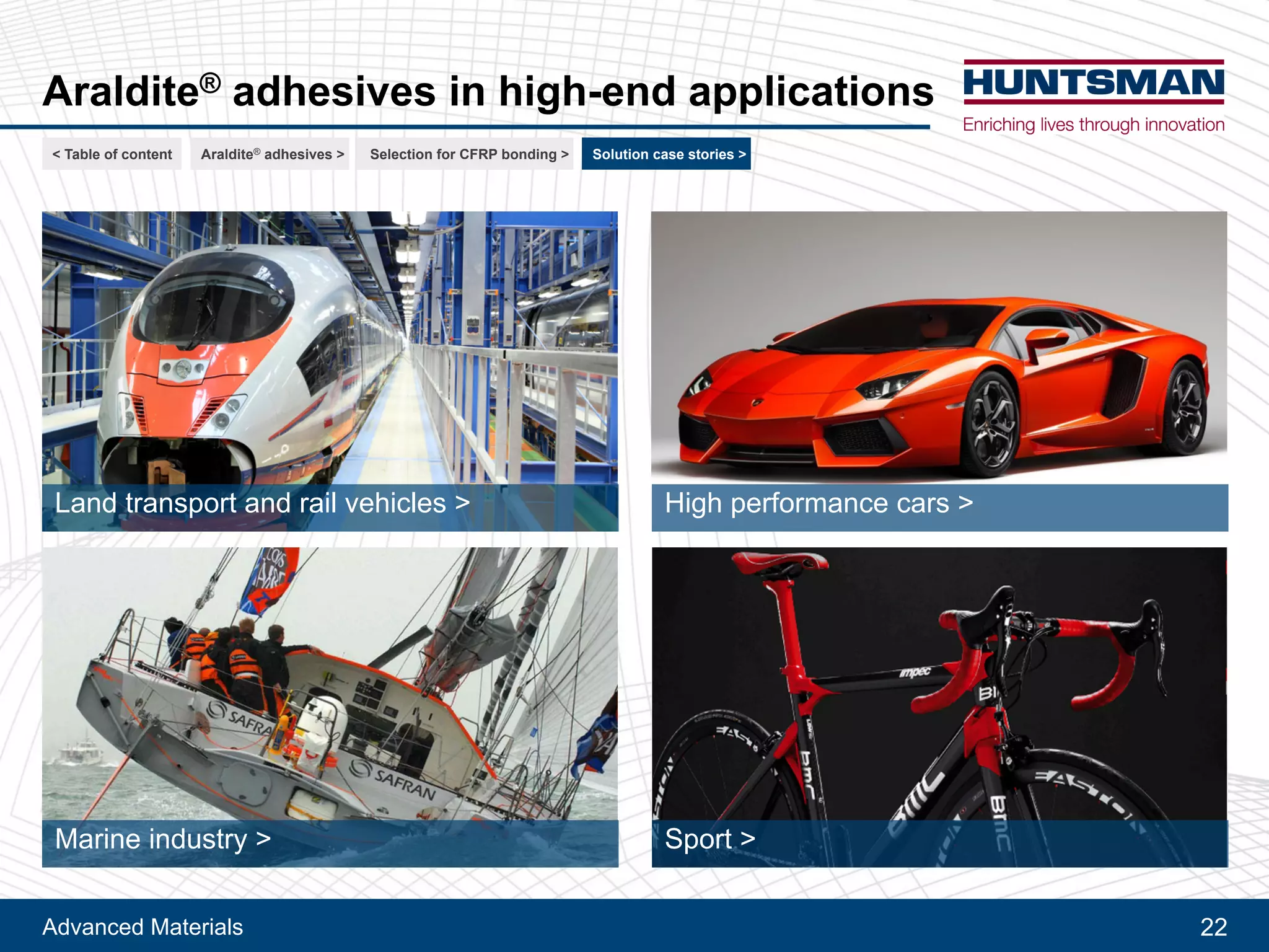 Advanced Materials 22
Araldite® solutions for railway industry
< Table of content CFRP bonding >Araldite® adhesives > For railway > For automotive >
 