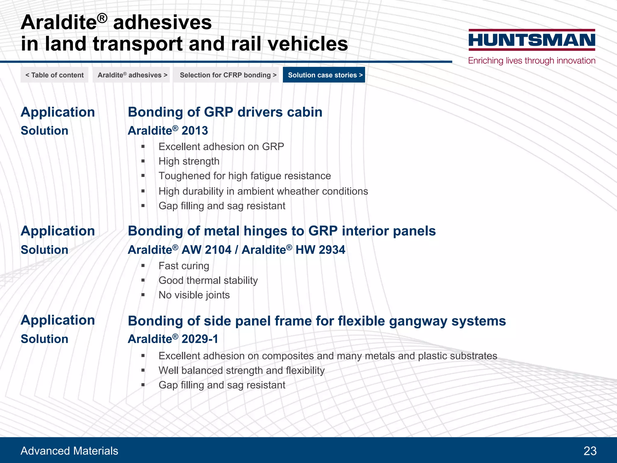 Advanced Materials 23
Lights and control boxes
1
Trackside traffic
control box
Signal light box
< Table of content CFRP bonding >Araldite® adhesives > For railway > For automotive >
 