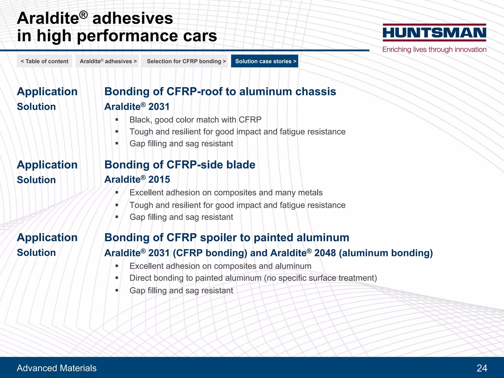 Advanced Materials 24
Lights and control boxes
Body assembly, lens assembly
Your needs Our solutions
> Very good weathering resistance
> Electrical insulation
> Good thermal resistance
> Flame retardancy
Araldite® 2013
Araldite® 2015
Araldite® 2021
Araldite® 2022
Araldite® 2033
Araldite® 2052-1
Non exclusive selection
Ask our experts for other solutions
1
Trackside traffic
control box
Signal light box
< Table of content CFRP bonding >Araldite® adhesives > For railway > For automotive >
 