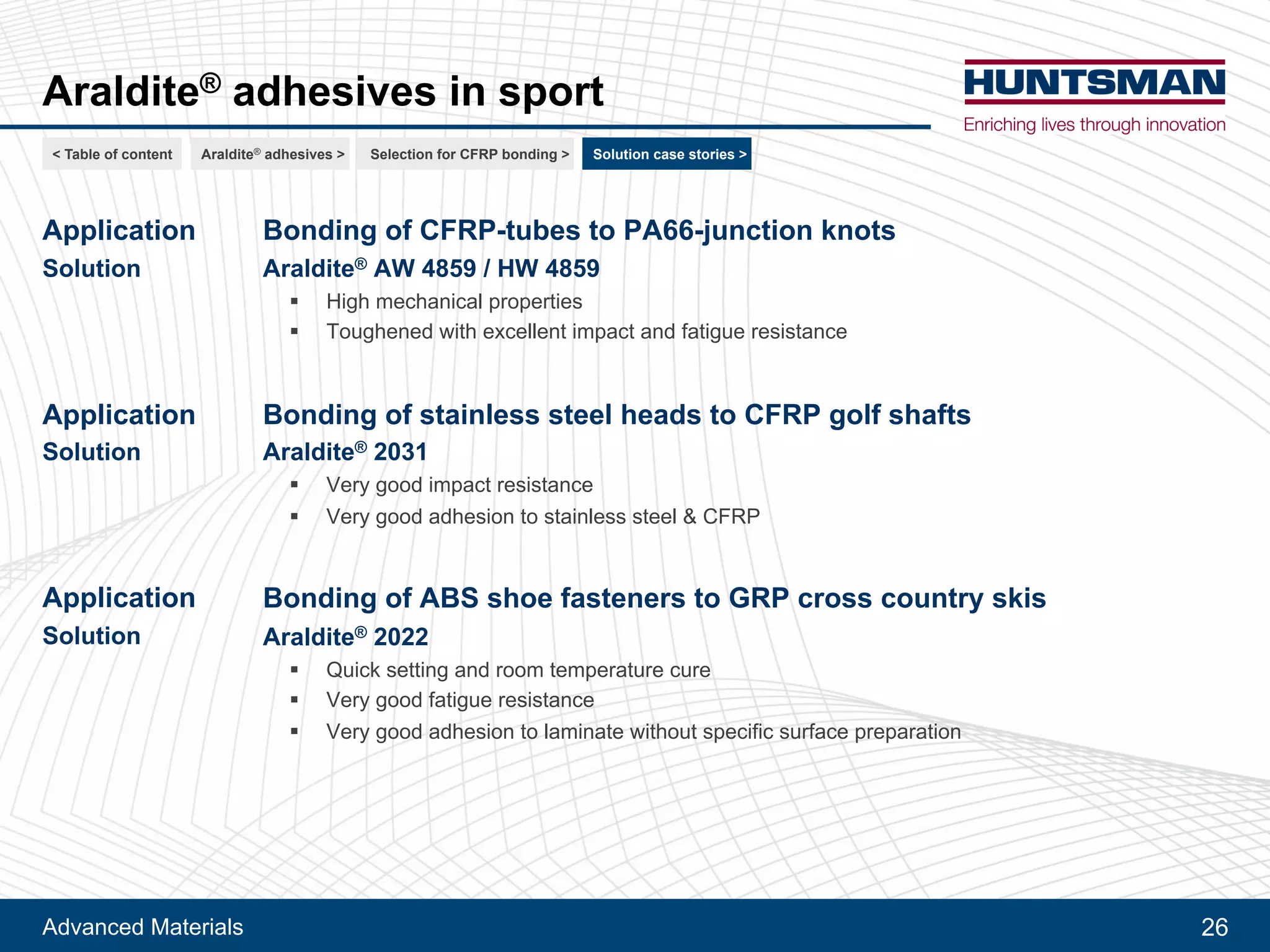 Advanced Materials 26
Carriage structure
Frame and ceiling reinforcement
Your needs Our solutions
> Improve the fatigue resistance of the metal assemblies
> Reduce overall weight of structure
> Prevent and reduce corrosion
> Improve stiffness and shock resistance of the assemblies
Araldite® 2014-1
Araldite® 2015
Araldite® AV 170
Araldite® AV 4600
Araldite® AW 4858 / HW 4858
Araldite® AW 4859 / HW 4859
Non exclusive selection
Ask our experts for other solutions
1
Carriage
structure
< Table of content CFRP bonding >Araldite® adhesives > For railway > For automotive >
 