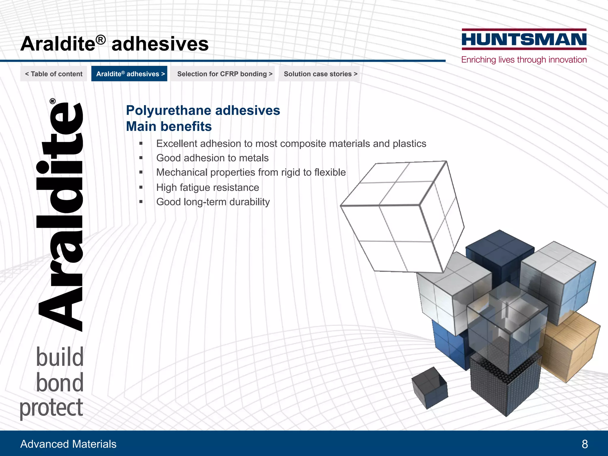 Advanced Materials 8
Araldite® adhesives
Polyurethane adhesives
Main benefits
!! Excellent adhesion to most composite materials and plastics
!! Good adhesion to metals
!! Mechanical properties from rigid to flexible
!! High fatigue resistance
!! Good long-term durability
8
Excellent adhesion to most composite materials and plastics
Mechanical properties from rigid to flexible
< Table of content CFRP bonding >Araldite® adhesives > For railway > For automotive >
 