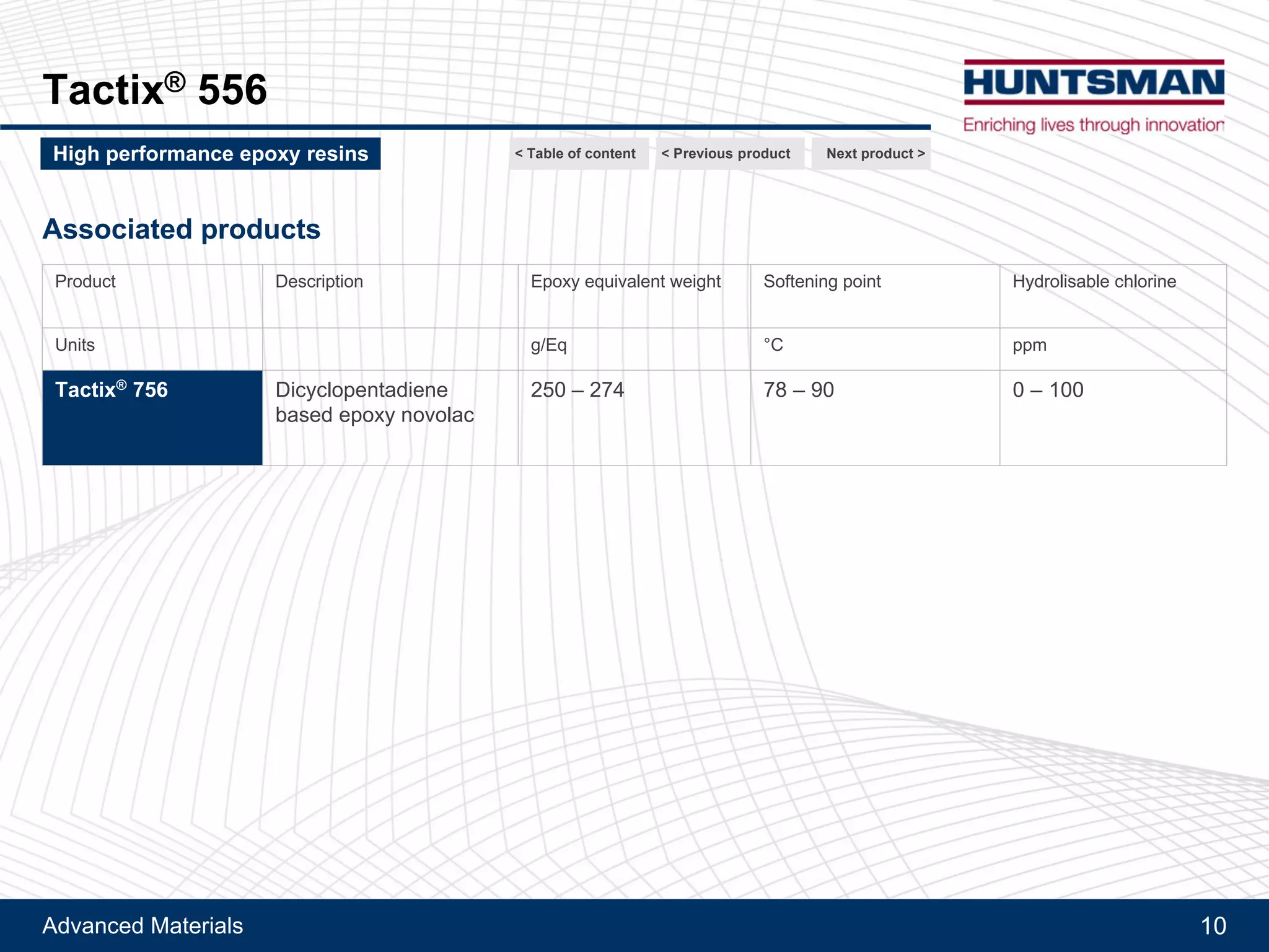 Advanced Materials 10
Tactix® 556
Associated products
Product Description Epoxy equivalent weight Softening point Hydrolysable chlorine
Unit g/Eq °C ppm
Tactix® 756 Dicyclopentadiene based epoxy novolac 250 – 274 78 – 90 0 – 100
Next product >High performance epoxy resins < Previous product< Table of content
 