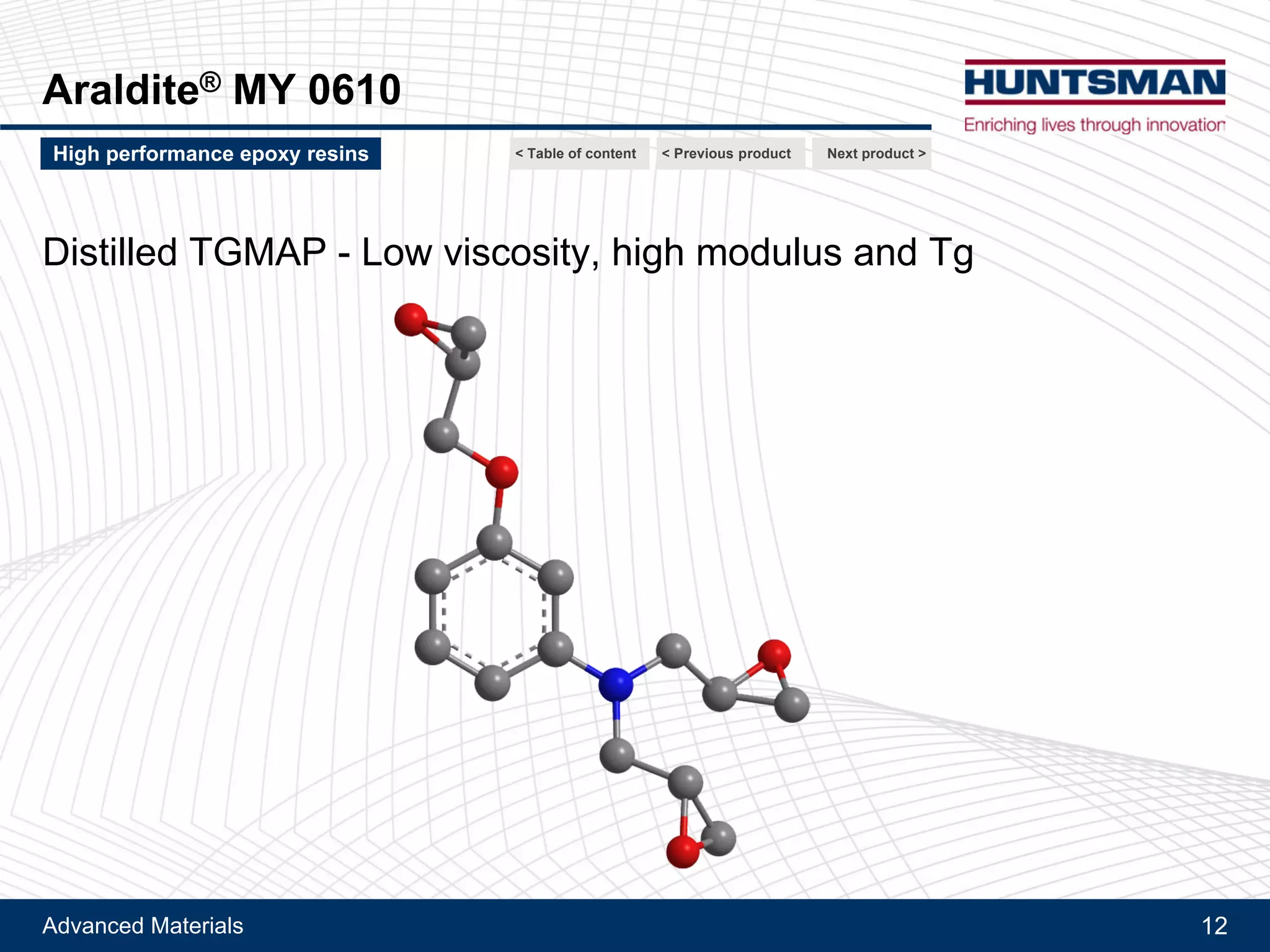 Advanced Materials 12
Tactix® 556
Ultimate Tg and G1C
Cured with DICY
Next product >High performance epoxy resins < Previous product< Table of content
Cured with DICY
Stoichiometric cure with DICY hardener / TDI-Uron (100/46 pbw)
Cure profile: 2h at 100°C + 2h at 150°C + 2h at 220°C - Tg measured via DMA (G’ Onset)
 