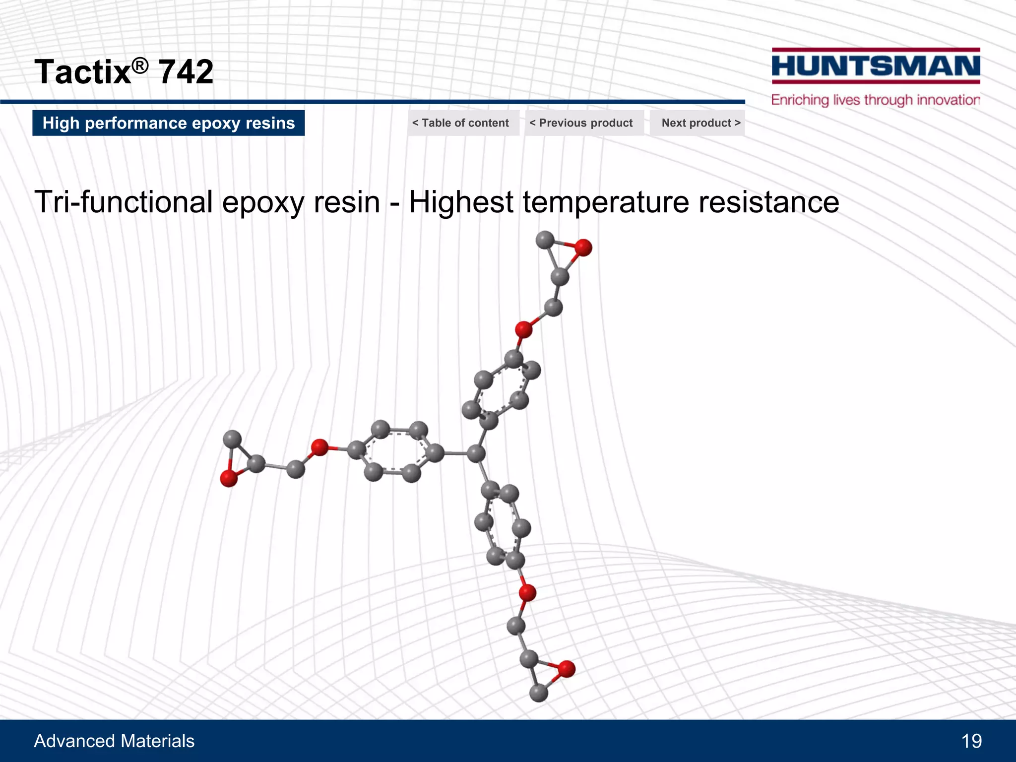 Advanced Materials 19
Araldite® MY 0610
Comparison with DGEBA
Cured with DDS
Glass transition temperature (°C) by DMA
Next product >High performance epoxy resins < Previous product< Table of content
Cured with DDS
Glass transition temperature (°C) by DMA
Stoichiometric cure with 4,4'-DDS
Cure cycle : 0.5h at 80°C + 0.5h at 100°C + 1.5h at 120°C + 2h at 180°C
 