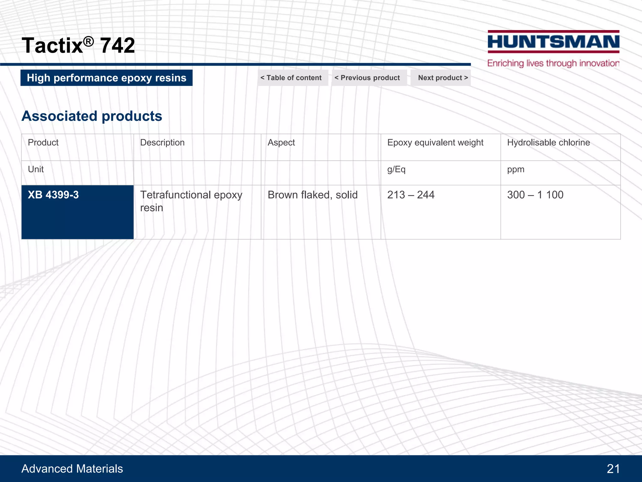 Advanced Materials 21
Tactix® 742
Next product >High performance epoxy resins
Tri-functional epoxy resin - Highest temperature resistance
< Previous product< Table of content
 