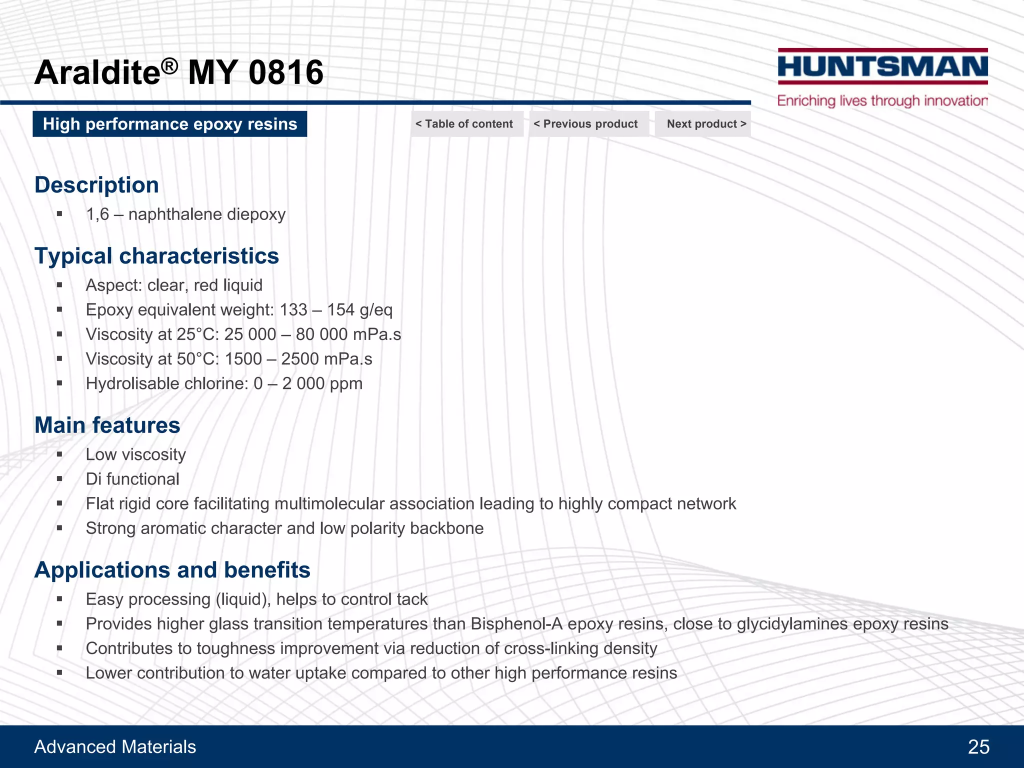 Advanced Materials 25
Tactix® 742
Molecular structure comparison
Next product >High performance epoxy resins < Previous product< Table of content
O
O
O
O
O
O
Tactix® 742
O O
OO
OO
OO
XB 4399-3
 