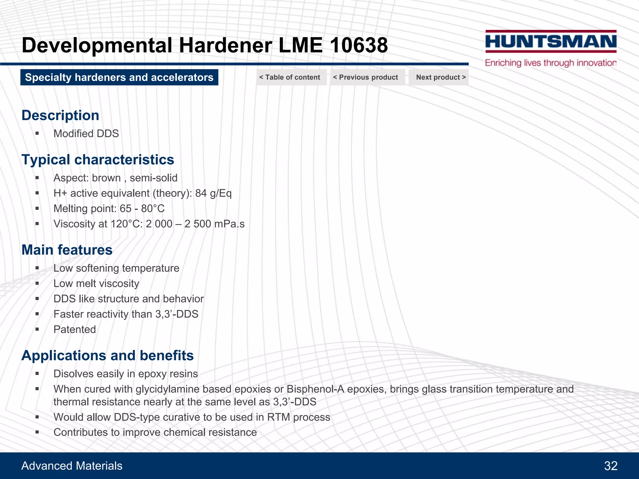 Advanced Materials 32
Aradur® 1571
Next product >Specialty hardeners and accelerators
Latent curing agent in dispersion - Easier processing
< Previous product< Table of content
 