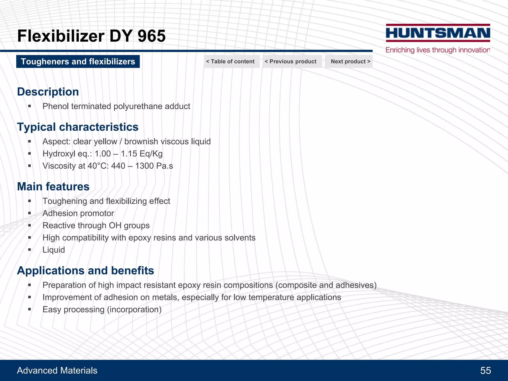 Advanced Materials 55
Araldite® CY 184, Araldite® PY 4122
Ultimate Tg and water absorption
Araldite® epoxy resin + Aradur® 20315 mixed at stoichiometry
Cure profile: 1h at 80°C + 1h at 120°C + 1h at 150°C
Next product >< Previous product< Table of contentTougheners and flexibilizers
 