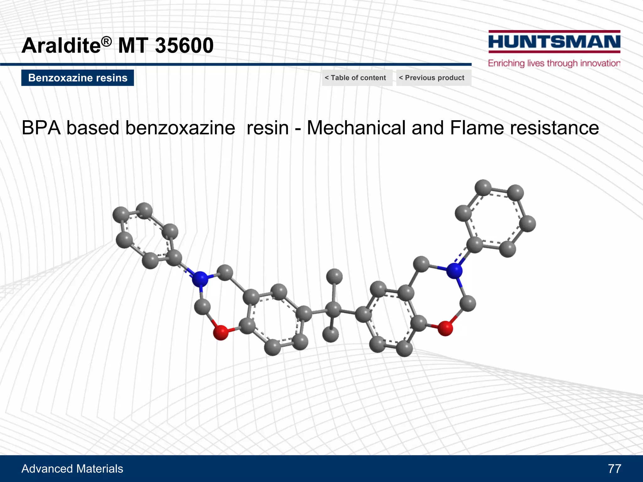 Advanced Materials 77
Tactix® 695
Typical matrix properties
Stoichiometric cure with 4,4'-DDS
Gel time at 150°C 75 min
Tg DMA onset dry 160°C
Moisture absorption, 14 days in boiling water 1.4 %
Flexural modulus 3 100 MPa
Tensile modulus 3 070 MPa
Tensile elongation at break 6 %
Next product >Tougheners and flexibilizers < Previous product< Table of content
 
