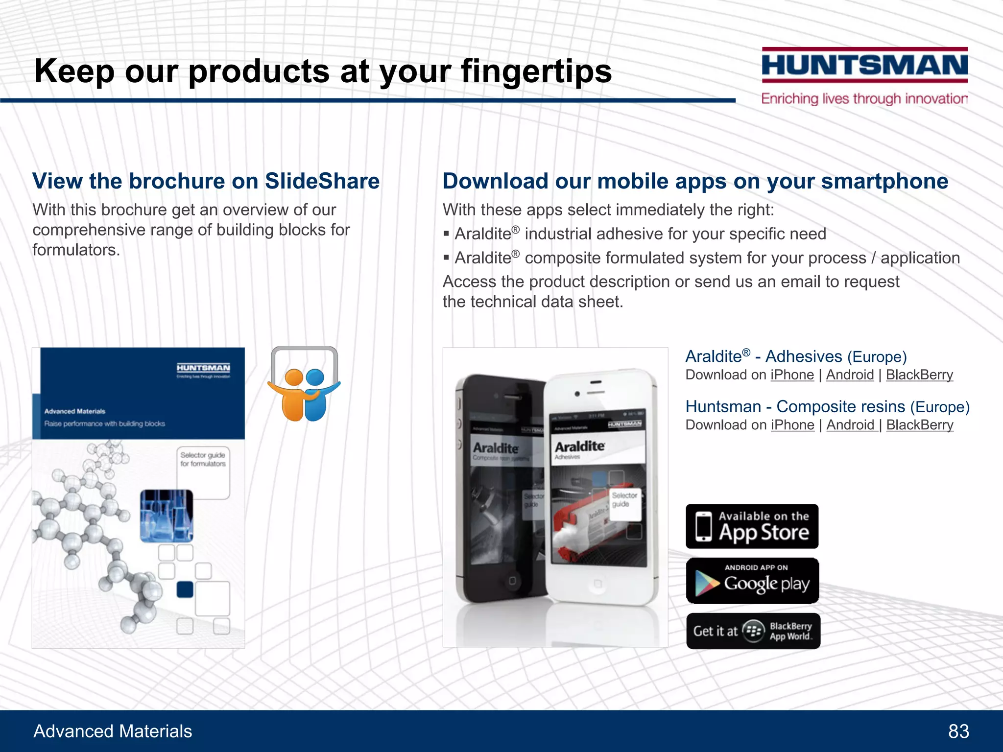 Advanced Materials 83
Matrimid® 5218
Description
!! Thermoplastic Polyimide polymer based on 5(6)-amino-1-(4' aminophenyl)-1,3,-trimethylindane
Typical characteristics
!! Aspect: yellow powder
!! Volatile content: < 1.5%
Main features
!! Fully imidized polymer
!! Soluble in various solvents such as NEP, NMP, "BL, THF
!! Very high glass transition temperature (Tg DMA >300°C)
!! Very strong adhesion on various substrates such as metals, engineering plastics (acid etched), glass#
!! Compatible with epoxies and other chemistries
Applications and benefits
!! Temperature resistant adhesives
!! Toughening of adhesives and composites matrices when high temperature resistance is key
!! Temperature resistant coatings
Next product >Tougheners and flexibilizers < Previous product< Table of content
 