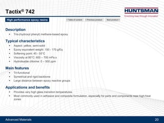 Advanced Materials 20
Araldite® MY 0610
Ultimate Tg and water absorption
Cured with DICY
Next product >High performance epoxy resins < Previous product< Table of content
Stoichiometric cure with DICY hardener / TDI-Uron (100/46 pbw)
Cure profile: 2h at 100°C + 2h at 150°C + 2h at 220°C - Tg measured via DMA (G’ Onset)
Cured with DICY
 