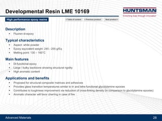 Advanced Materials
Araldite® MY 0816
Neat resin properties
Cured with DICY *
28
Next product >High performance epoxy resins < Previous product< Table of content
*Stoichiometric cure with DICY hardener / TDI-Uron (100/46 pbw)
Cure profile: 2h at 100°C + 2h at 150°C + 2h at 220°C
Araldite® PY 306 Araldite® MY 790 Araldite® MY 0816
Mix viscosity at 80°C 270 mPa.s 170 mPa.s 130 mPa.s
Tg DMA onset 104°C 122°C 170°C
Flexural modulus / strength 3400 / 135 MPa 3000 / 115 MPa 3500 / 75 MPa
K1C 0.85 MPa!m 0.7 MPa!m 0.7 MPa!m
G1C 240 J/m2 170 J/m2 170 J/m2
 