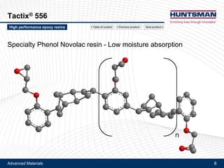 Advanced Materials 8
Tactix® 556
Next product >High performance epoxy resins
Specialty Phenol Novolac resin - Low moisture absorption
< Previous product< Table of content
 