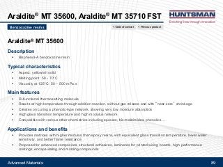 Advanced Materials 89
Araldite® MT 35600, Araldite® MT 35710 FST
Araldite® MT 35600
Description
!! Bisphenol-A benzoxazine resin
Typical characteristics
!! Aspect: yellowish solid
!! Melting point: 58 - 70°C
!! Viscosity at 125°C: 50 – 500 mPa.s
Main features
!! Di-functional thermosetting molecule
!! Reacts at high temperature through addition reaction, without gas release and with �near-zero� shrinkage
!! Creates on curing a phenolic-type network, showing very low moisture absorption
!! High glass transition temperature and high modulus network
!! Compatible with various other chemistries including epoxies, bis-maleimides, phenolics#
Applications and benefits
!! Provides matrices with higher modulus than epoxy resins, with equivalent glass transition temperature, lower water
sensitivity, and better flame resistance
!! Proposed for advanced composites, structural adhesives, laminates for printed wiring boards, high performance
coatings, encapsulating and molding compounds
Benzoxazine resins < Previous product< Table of content
 