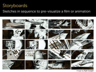 Storyboards
Sketches in sequence to pre-visualize a ﬁlm or animation
Image by Kyle Cooper
Image by Kyle Cooper
 